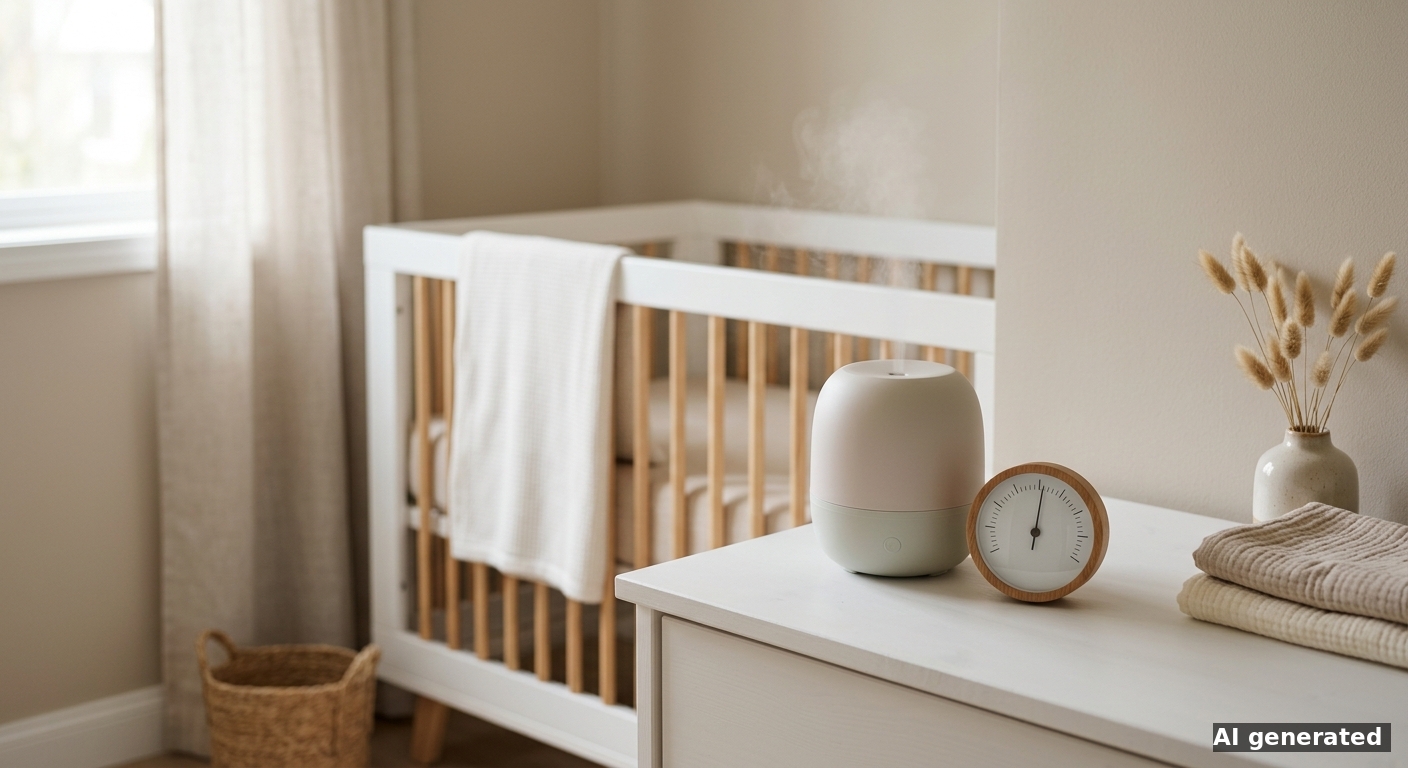 Ruhiges Kinderzimmer mit Luftbefeuchter und Hygrometer neben einem Gitterbett, ohne erkennbare Personen