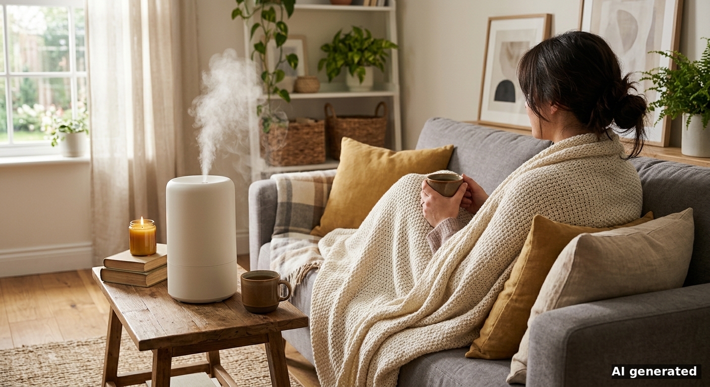 Person mit Decke auf dem Sofa, im Hintergrund ein Luftbefeuchter mit sichtbarem Wasserdampf
