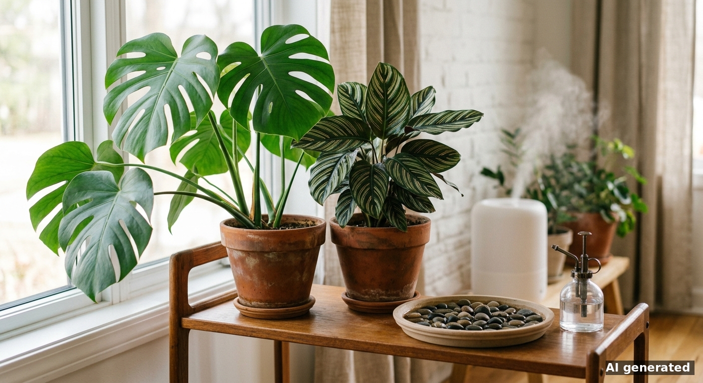 Zimmerpflanzen Monstera und Calathea mit Kies-Schale und Sprühflasche zur Erhöhung der Luftfeuchtigkeit