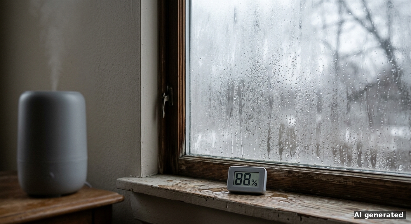 Beschlagenes Fenster mit Hygrometer, das zu hohe Luftfeuchtigkeit anzeigt