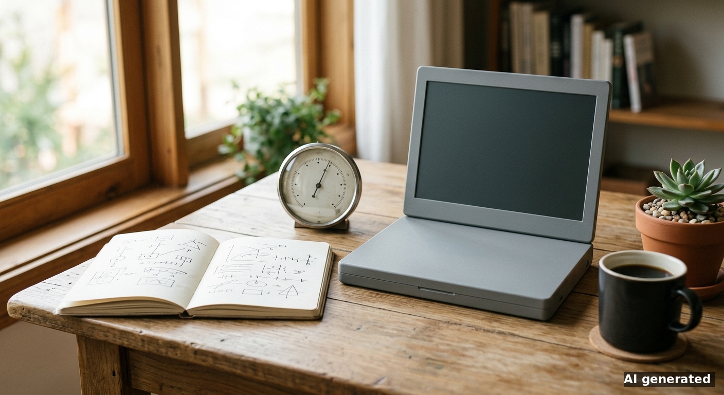 Redaktionsarbeitsplatz mit Hygrometer und Notizbuch zur Testmethodik
