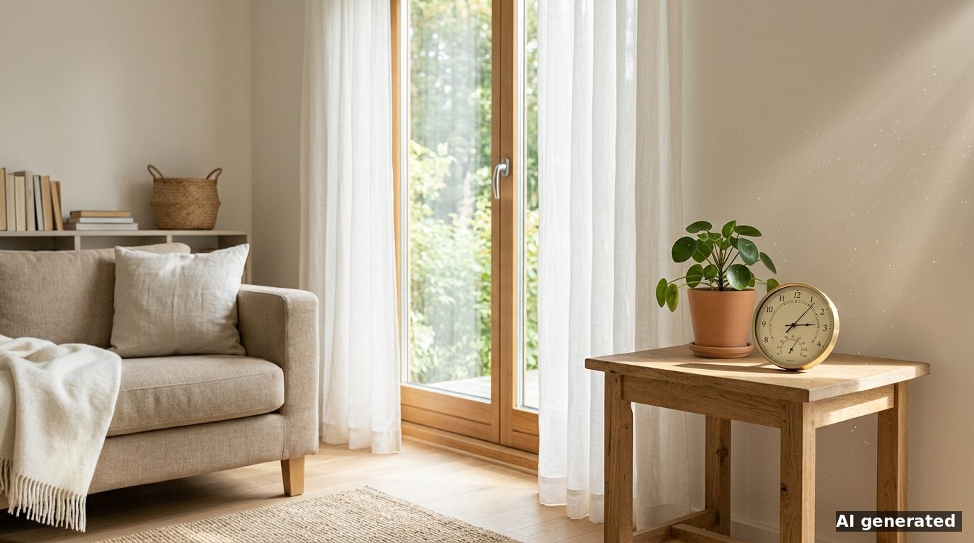 Helles, minimalistisch eingerichtetes Wohnzimmer mit Grünpflanze und rundem Hygrometer auf einem Holztisch im Sonnenlicht
