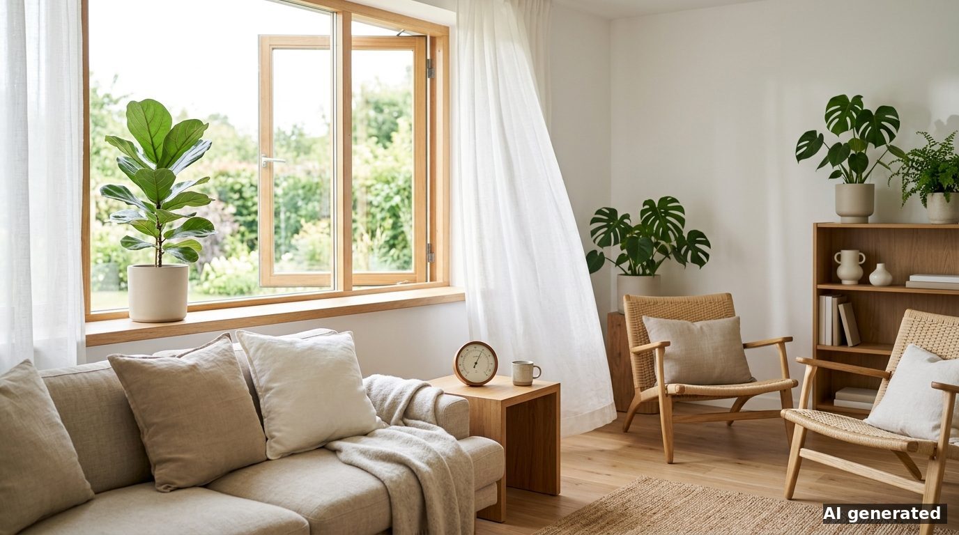 Geöffnetes Fenster mit wehendem Vorhang in einem hellen Wohnzimmer, Grünpflanze auf der Fensterbank und Hygrometer auf dem Tisch